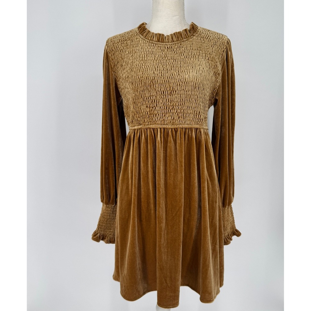 Jodifl Velvet Smocked Mini Dress L Gold Long Sleeve Cottagecore Boho Prairie